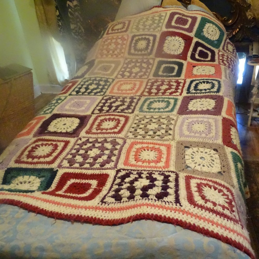 Colorful, vintage crocheted afghan, 64"x76", 12" blocks with 3 rows of edging